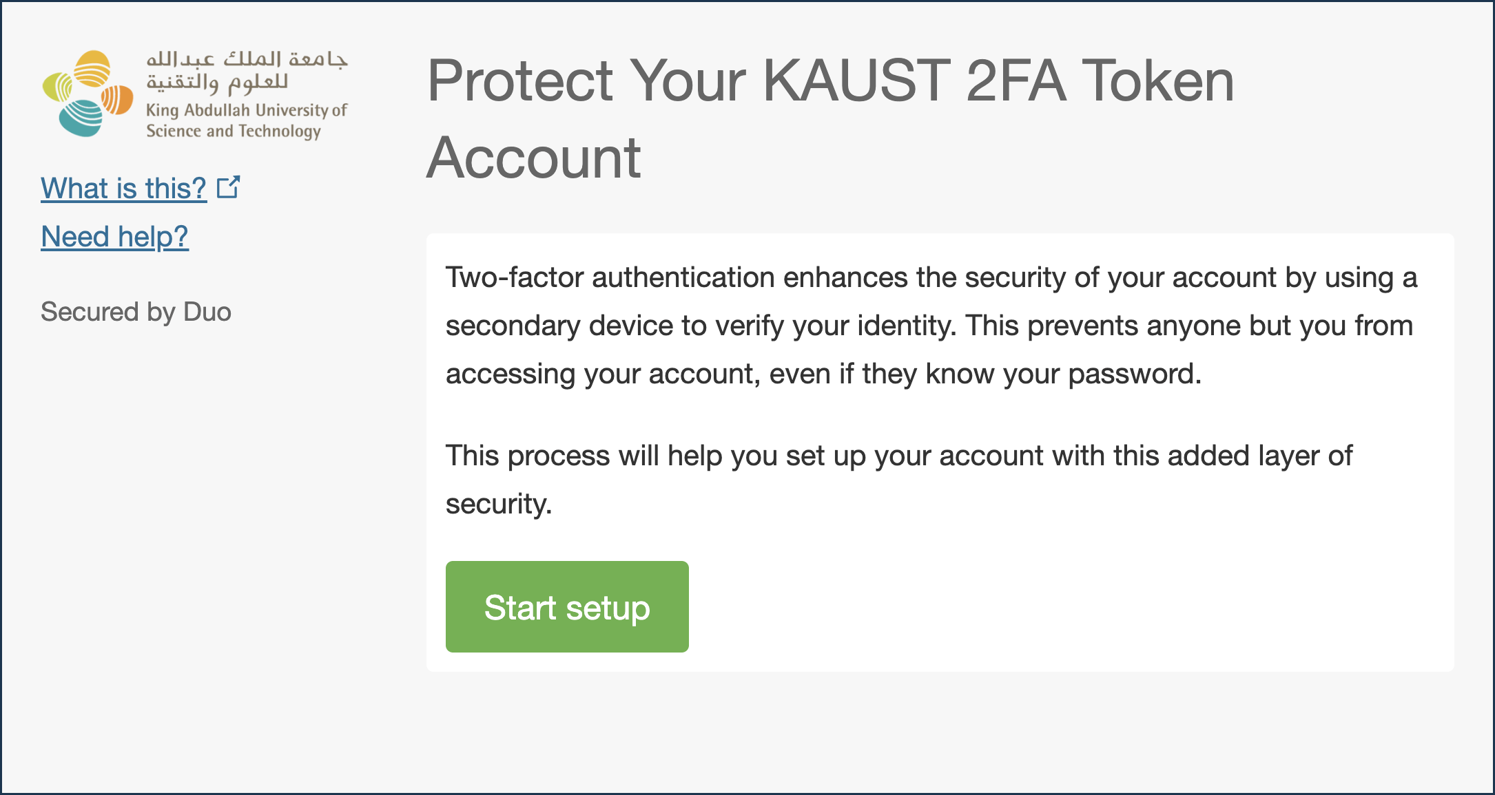 Duo setup page titled Protect Your KAUST 2FA Token Account with a Start setup button