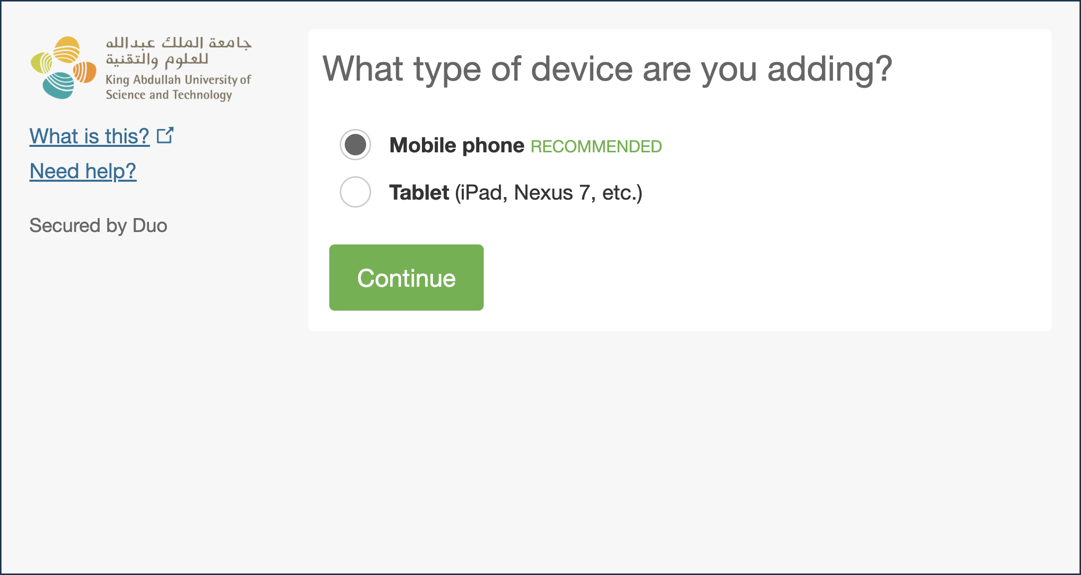 Duo screen asking what type of device you are adding, with Mobile phone selected