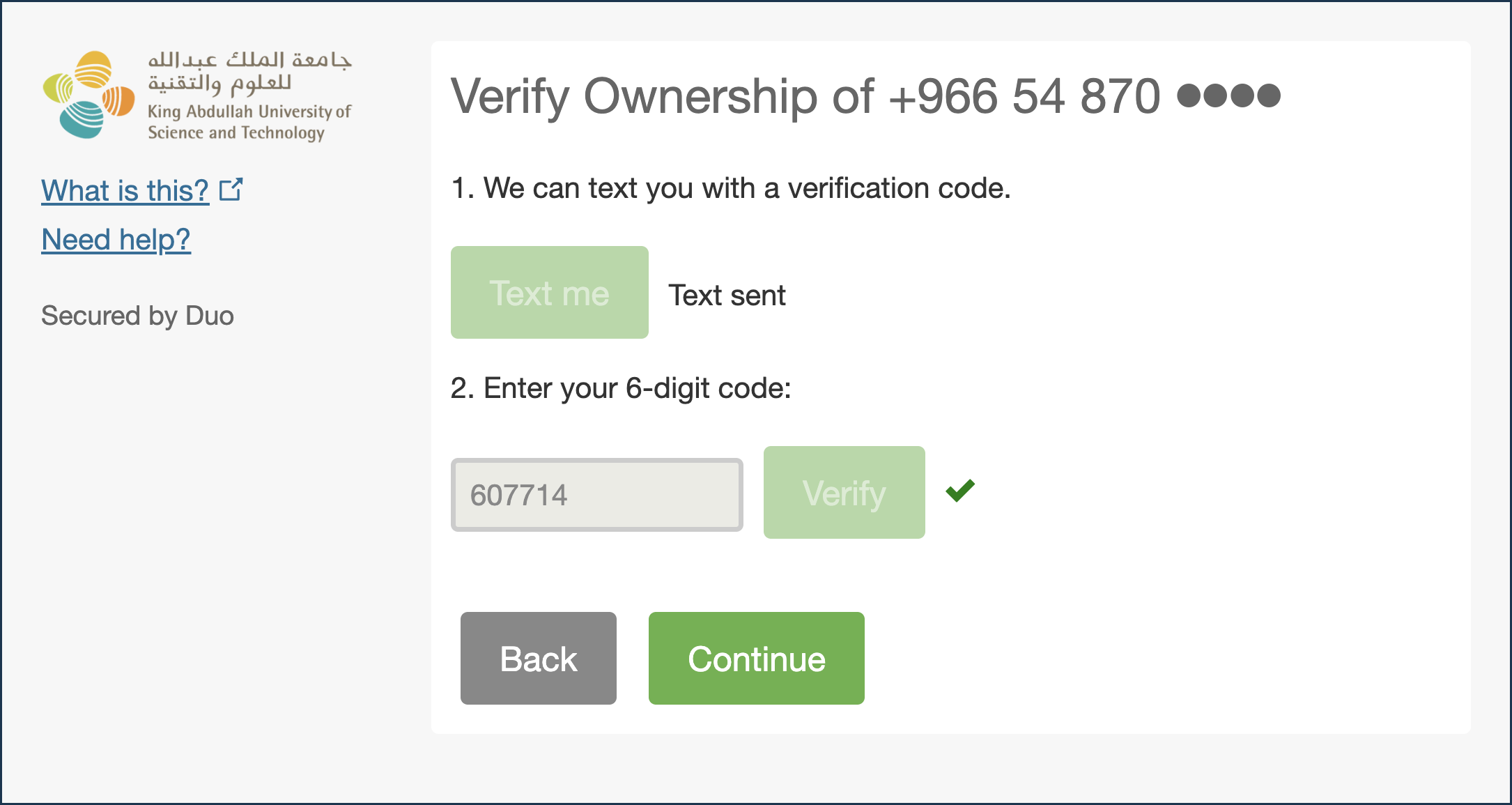 Duo screen to verify ownership by entering the texted 6-digit code
