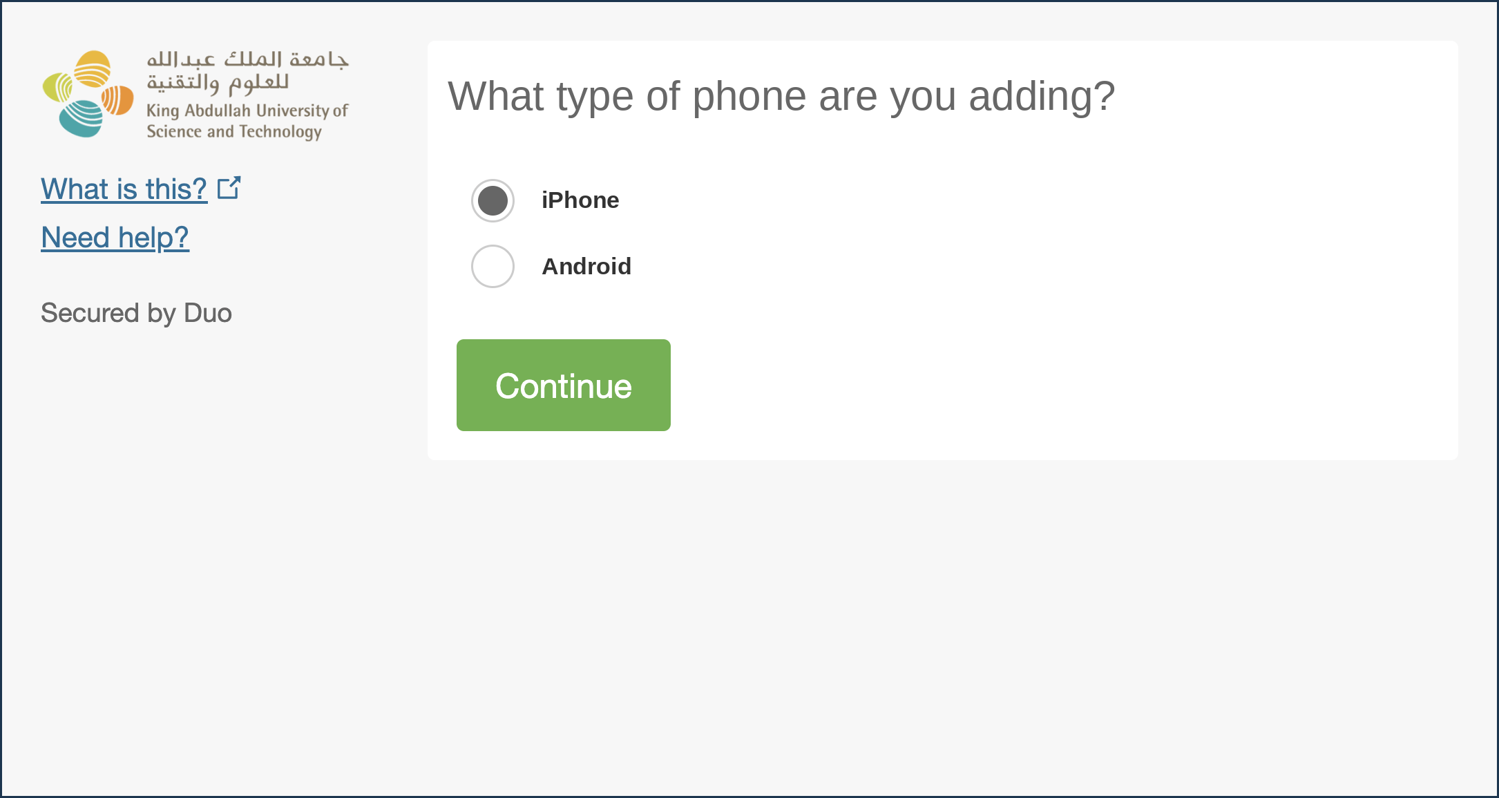 Duo screen asking what type of phone you are adding, iPhone or Android