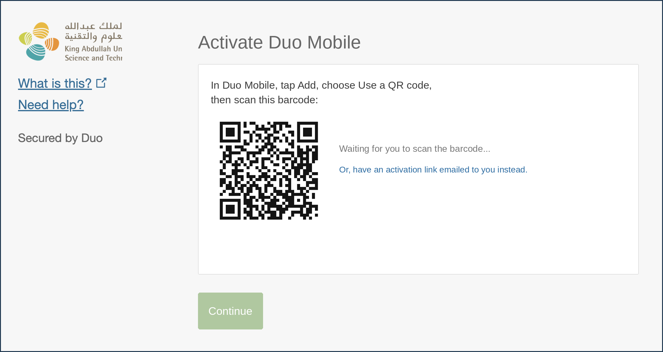 Duo screen showing a QR code to scan with the Duo Mobile app
