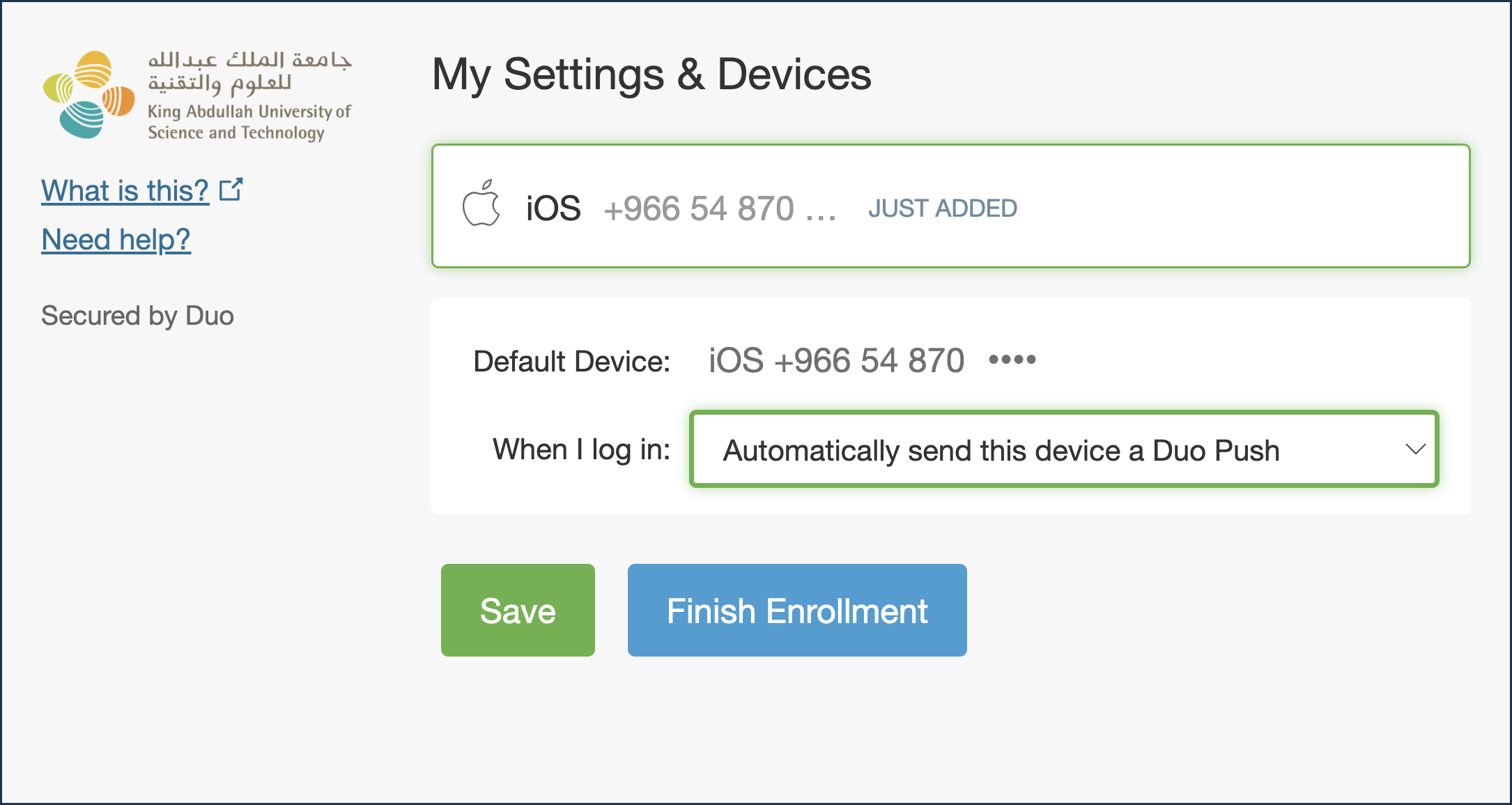 Duo My Settings and Devices screen set to automatically send a Duo Push