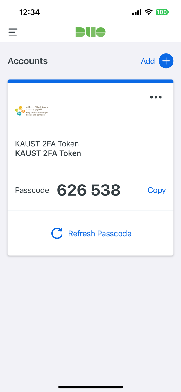 Duo Mobile showing a 6-digit passcode for KAUST 2FA Token