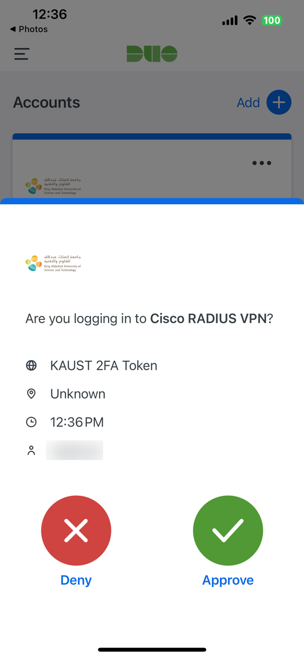 Duo Mobile approve or deny screen for a KAUST sign-in