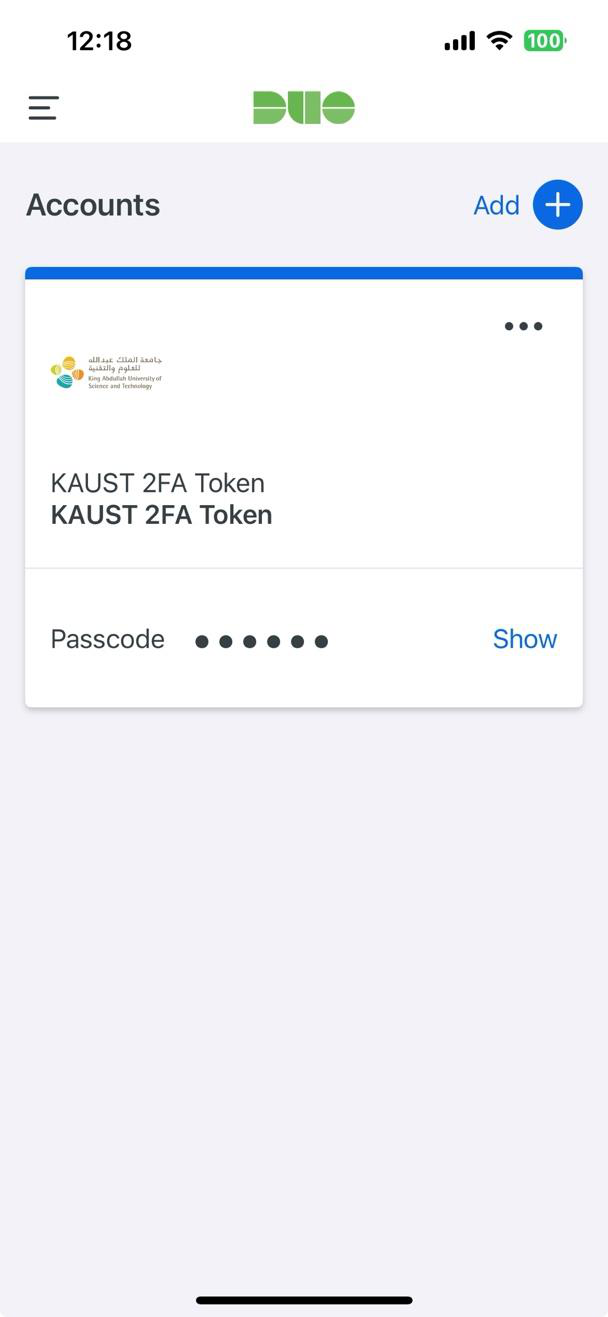 Duo Mobile app showing KAUST 2FA Token added to the account list