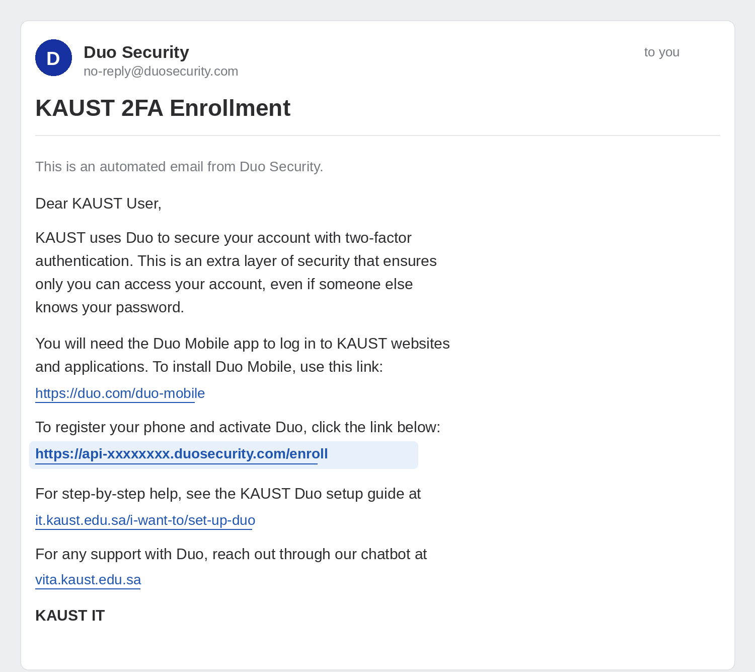 The KAUST 2FA Enrollment email from Duo Security, with the enrollment link highlighted