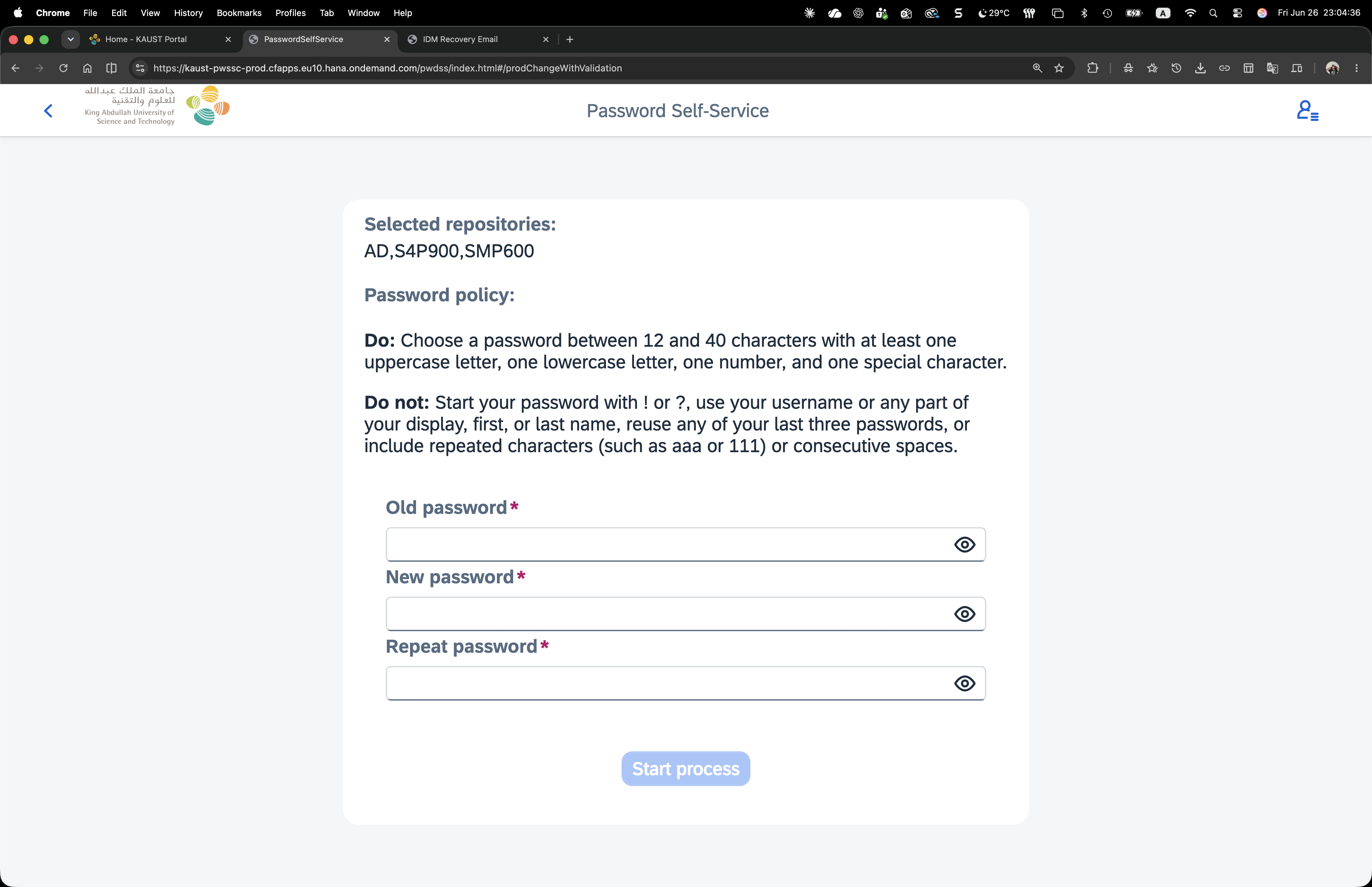 Old, new, and repeat password fields