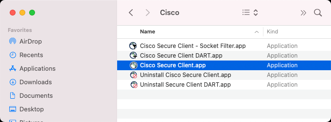 Applications folder showing Cisco Secure Client