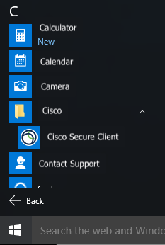Start menu showing Cisco Secure Client